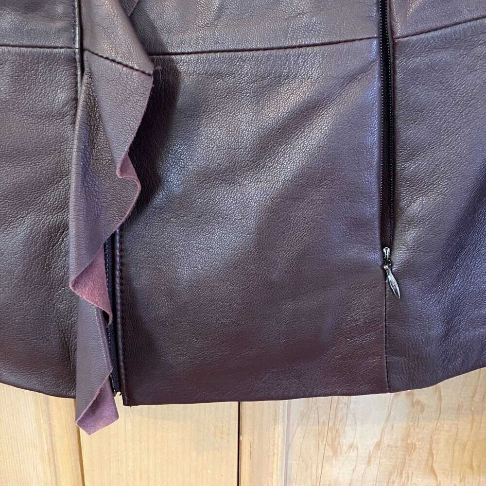 DKNY Womens Ruffle-Front Lambskin Bordeaux Leather Jacket Small Brown FA EXC - Picture 8 of 12